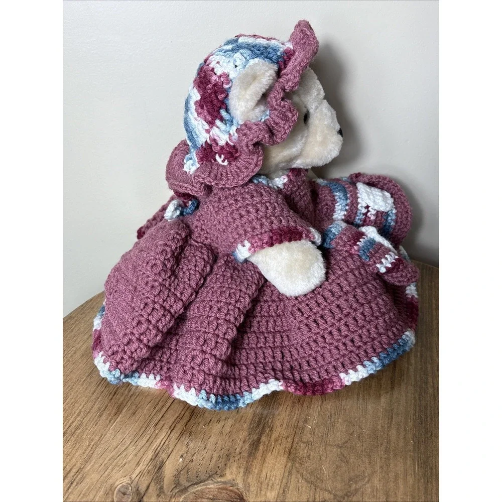 Bear In Handmade Crochet Dress W/ Hat Bear Has Movable Arms & Legs